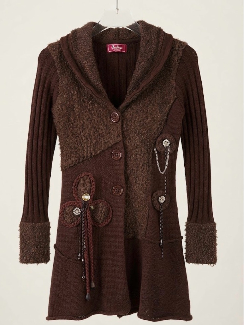 Unique Boho Brown Mixed Media Long Cardigan Sweater Sz L, Embellished